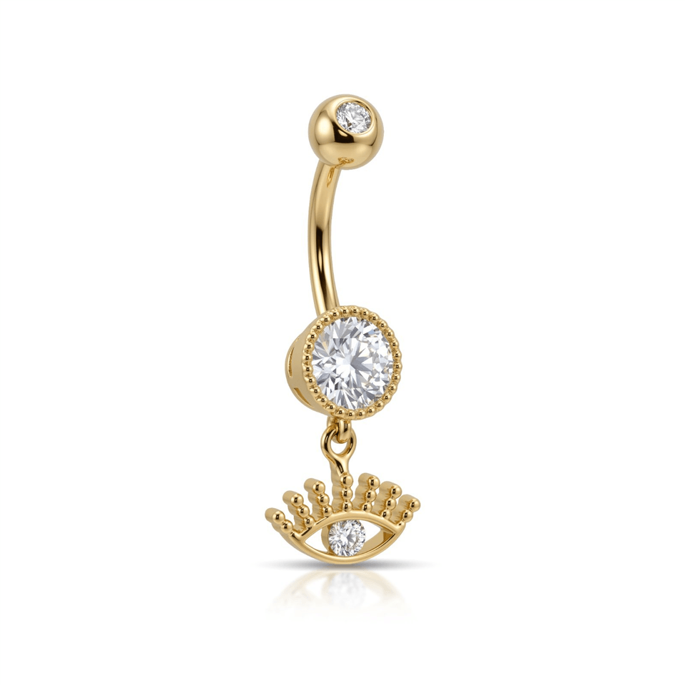 14 Ayar Altın Taşlı Göz Sallantılı Gösterişli Göbek Piercing - Dianora Piercing Jewelry