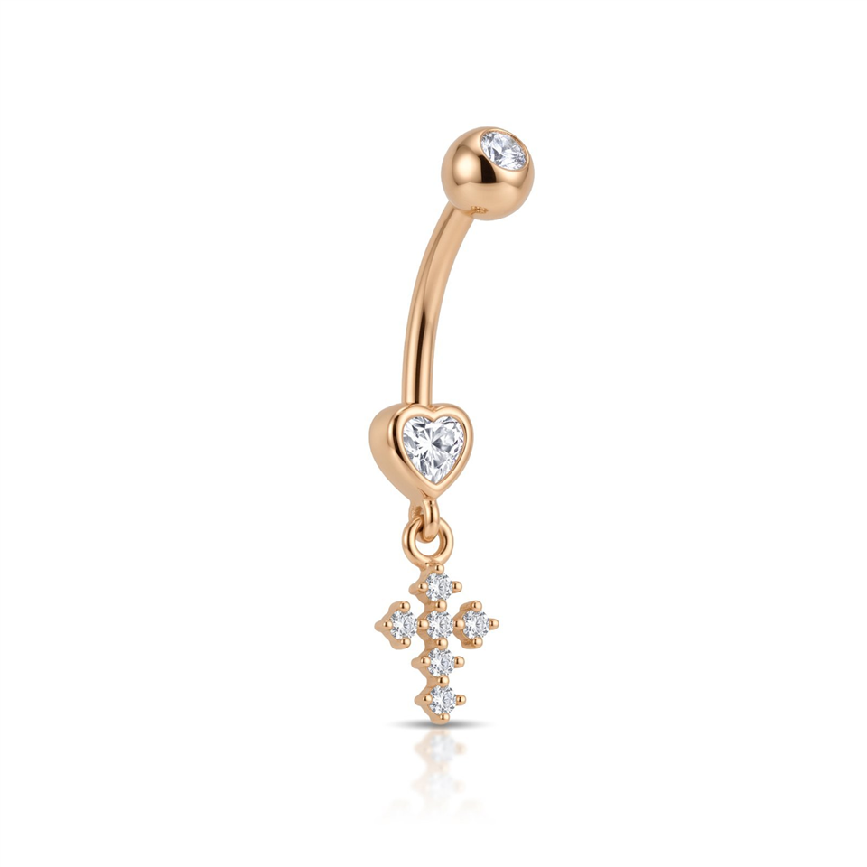 14 Ayar Altın Taşlı Haç Motifli Sallantılı Göbek Piercing  - Dianora Piercing Jewelry