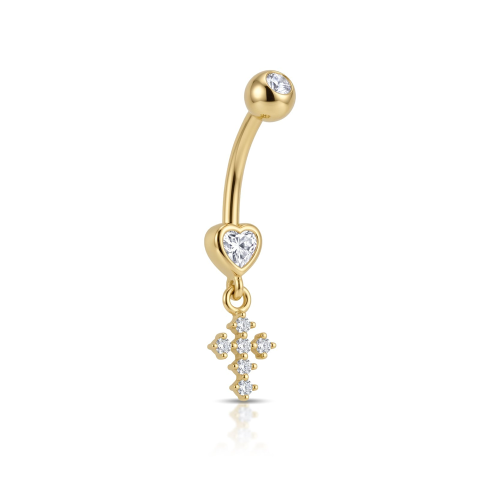 14 Ayar Altın Taşlı Haç Motifli Sallantılı Göbek Piercing  - Dianora Piercing Jewelry
