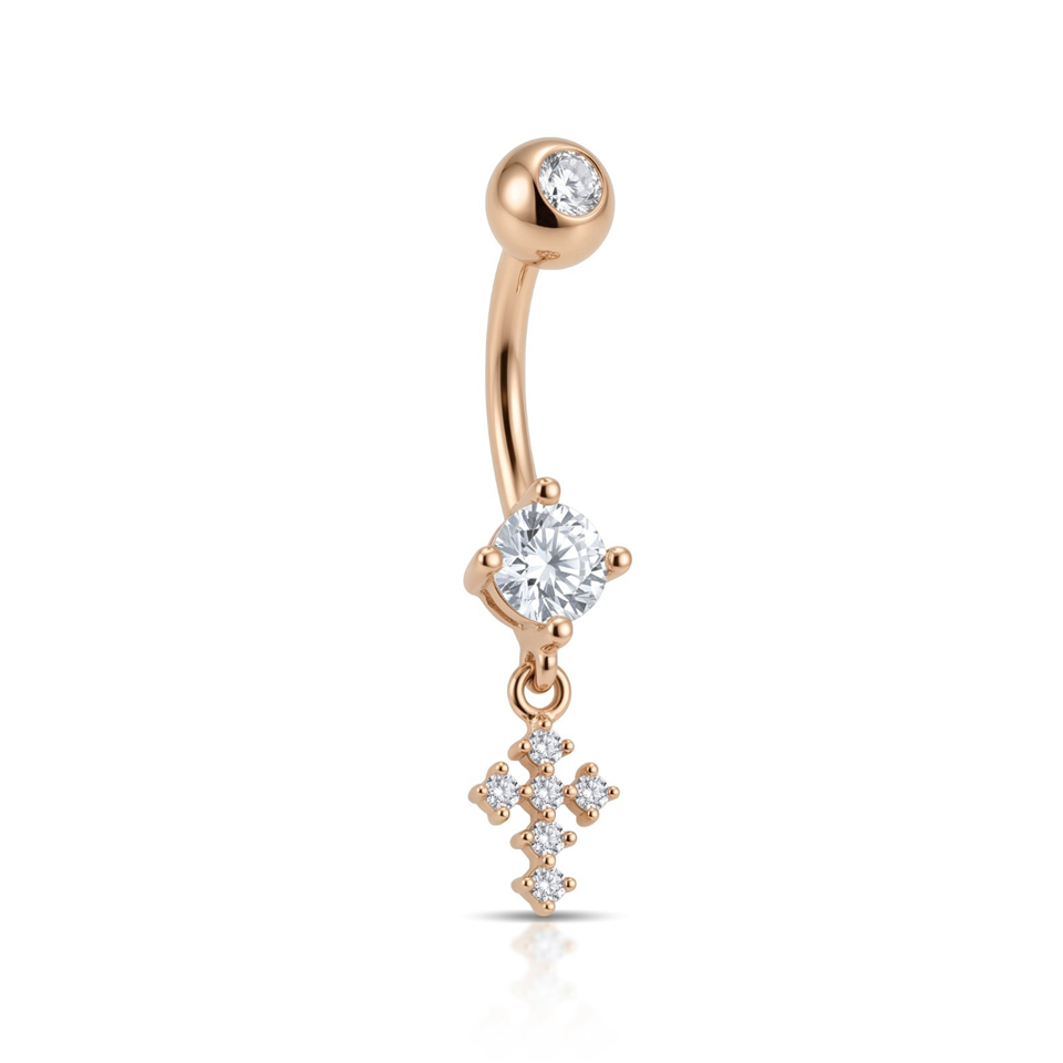 14 Ayar Altın Taşlı Haç Sallantılı Göbek Piercing - Dianora Piercing Jewelry