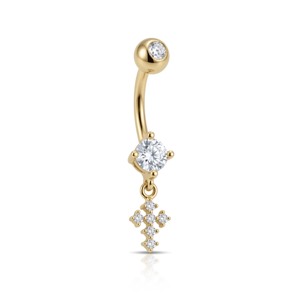 14 Ayar Altın Taşlı Haç Sallantılı Göbek Piercing - Dianora Piercing Jewelry