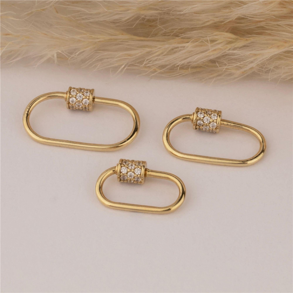 14 Ayar Altın Taşlı İnce Charm Kilidi Carabiner - Dianora Piercing Jewelry