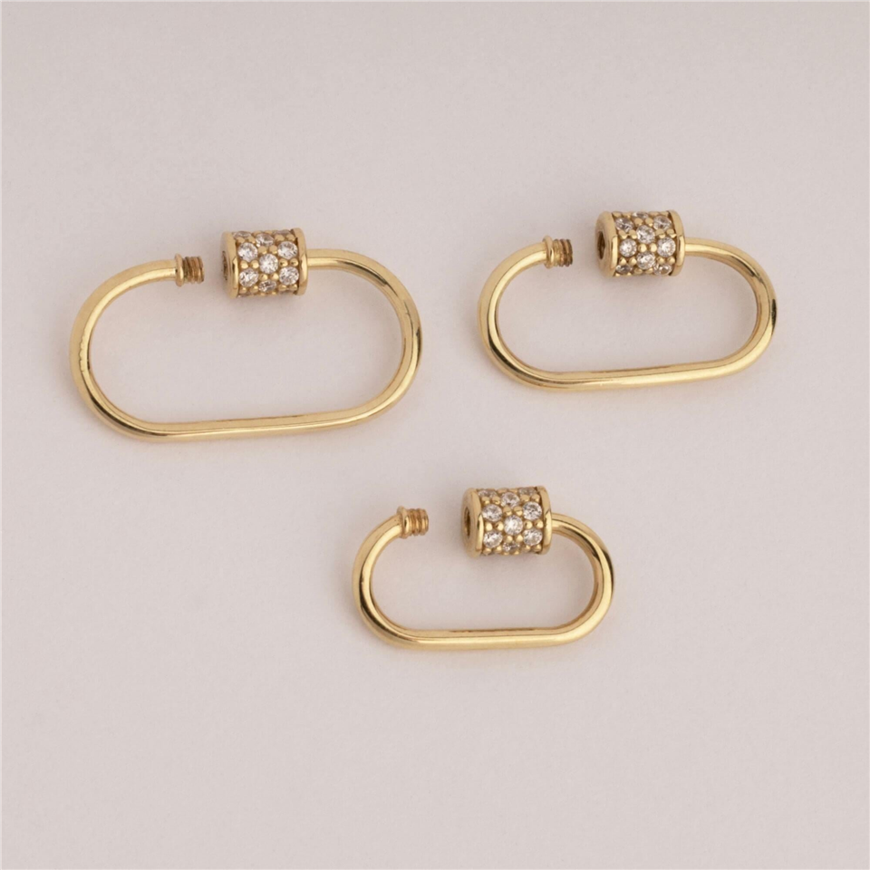 14 Ayar Altın Taşlı İnce Charm Kilidi Carabiner - Dianora Piercing Jewelry
