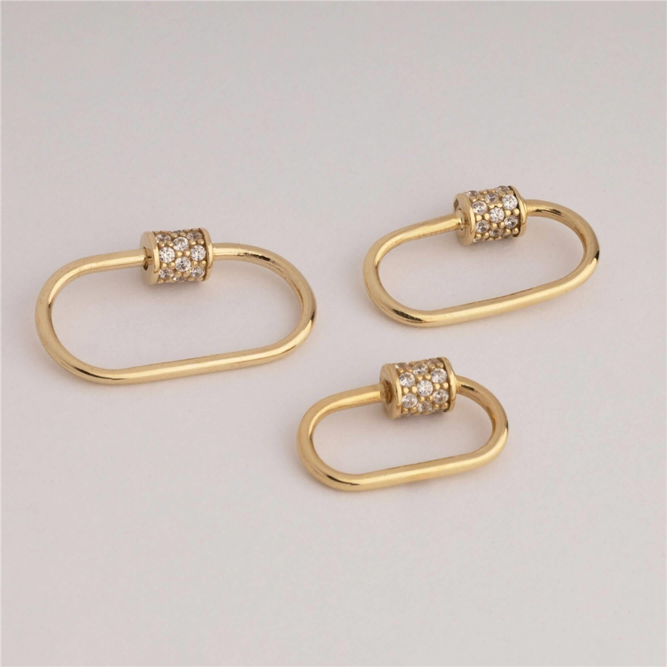14 Ayar Altın Taşlı İnce Charm Kilidi Carabiner - Dianora Piercing Jewelry
