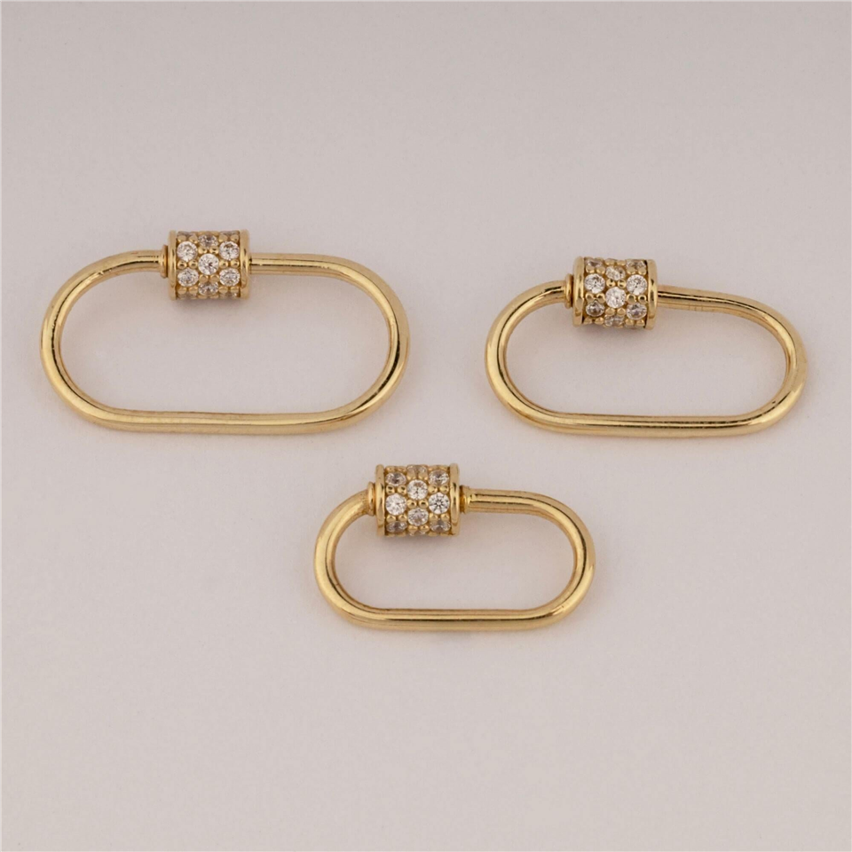 14 Ayar Altın Taşlı İnce Charm Kilidi Carabiner - Dianora Piercing Jewelry