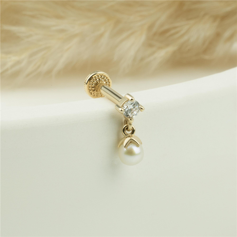 14 Ayar Altın Taşlı İnci Sallantılı Minimal Tragus Piercing - Dianora Piercing Jewelry