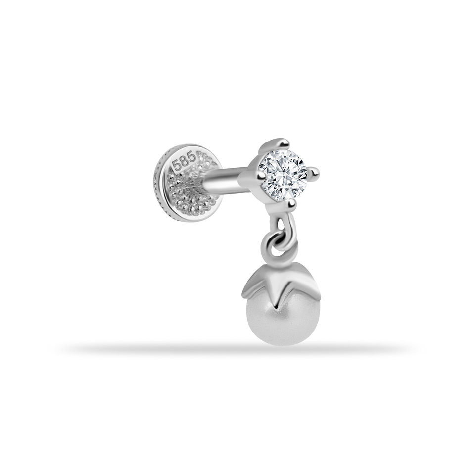 14 Ayar Altın Taşlı İnci Sallantılı Minimal Tragus Piercing - Dianora Piercing Jewelry