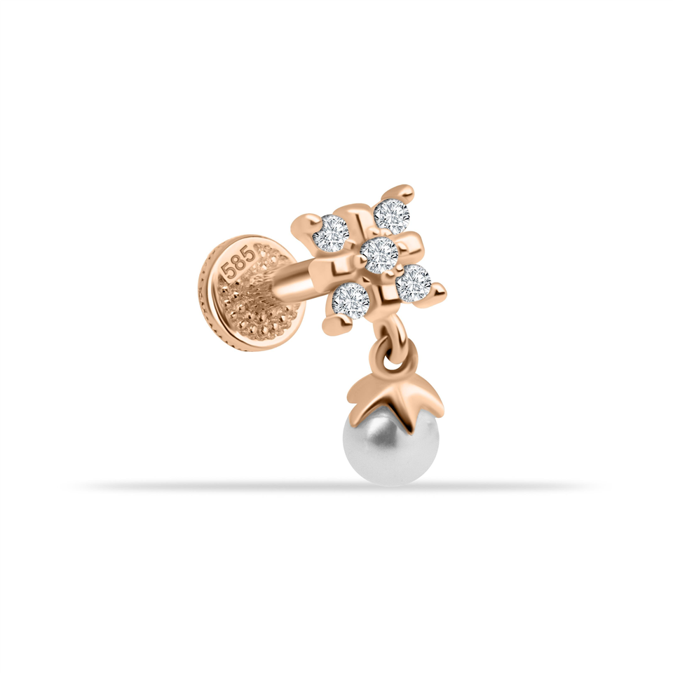 14 Ayar Altın Taşlı İnci Sallantılı Minimal Tragus Piercing - Dianora Piercing Jewelry