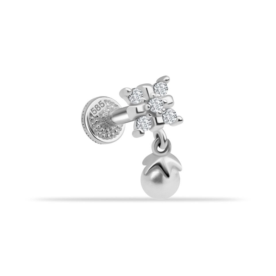 14 Ayar Altın Taşlı İnci Sallantılı Minimal Tragus Piercing - Dianora Piercing Jewelry