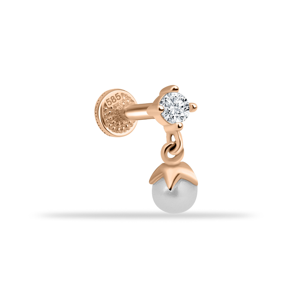 14 Ayar Altın Taşlı İnci Sallantılı Minimal Tragus Piercing - Dianora Piercing Jewelry