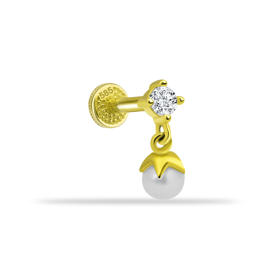14 Ayar Altın Taşlı İnci Sallantılı Minimal Tragus Piercing - Dianora Piercing Jewelry
