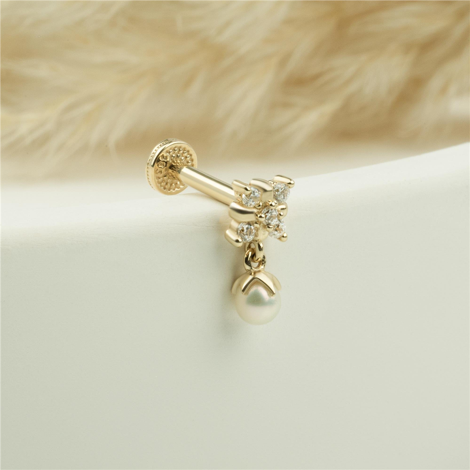 14 Ayar Altın Taşlı İnci Sallantılı Minimal Tragus Piercing - Dianora Piercing Jewelry