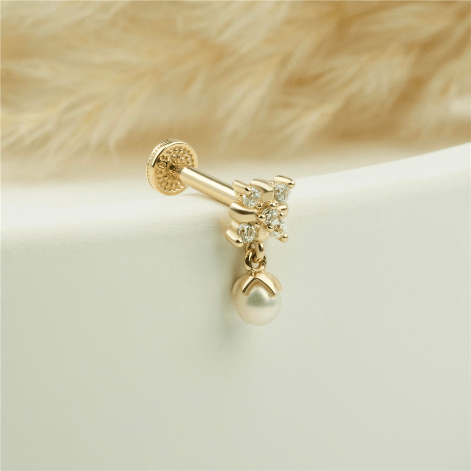 14 Ayar Altın Taşlı İnci Sallantılı Minimal Tragus Piercing - Dianora Piercing Jewelry