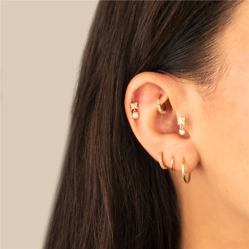 14 Ayar Altın Taşlı İnci Sallantılı Minimal Tragus Piercing - Dianora Piercing Jewelry