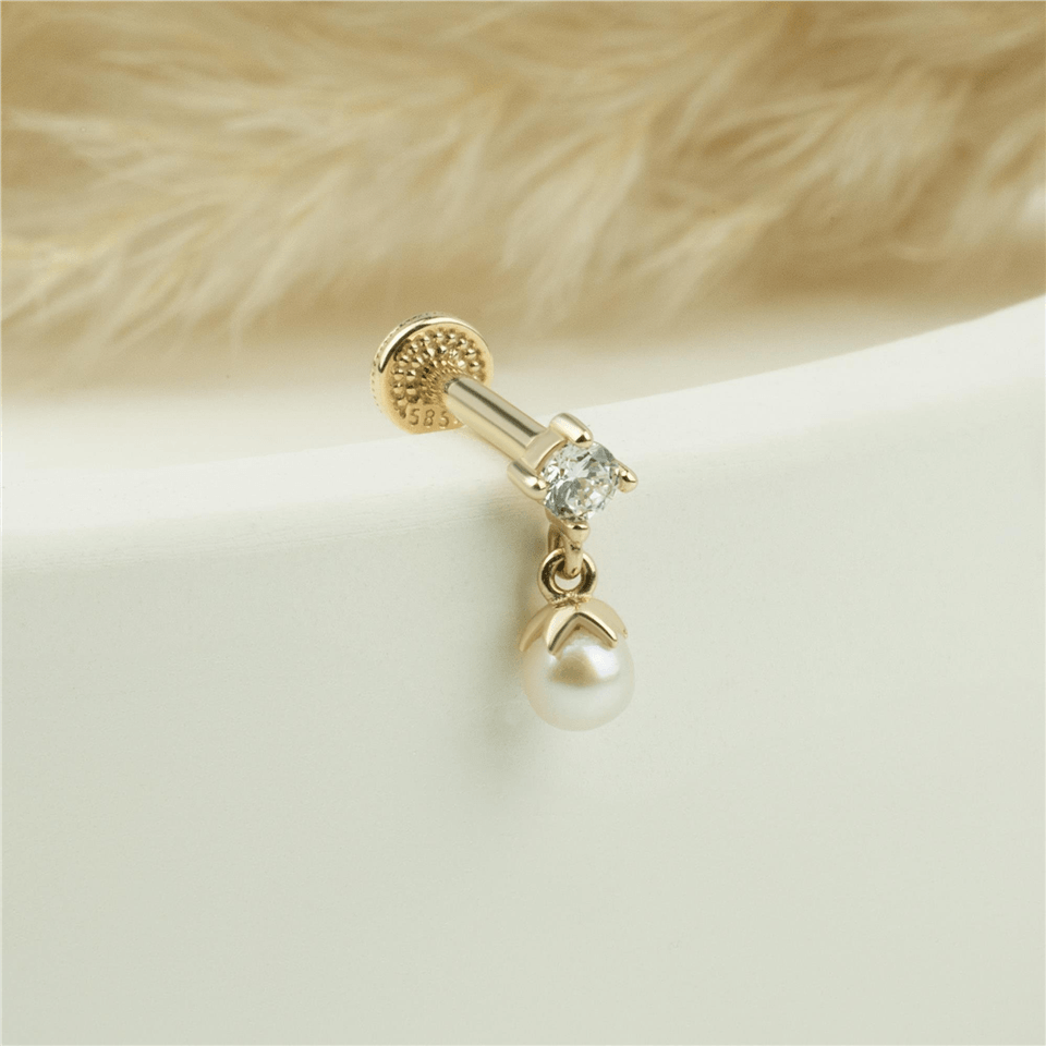 14 Ayar Altın Taşlı İnci Sallantılı Minimal Tragus Piercing - Dianora Piercing Jewelry