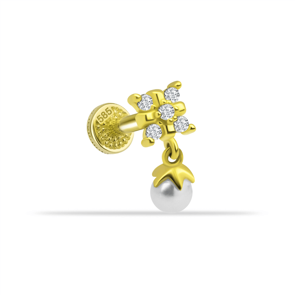 14 Ayar Altın Taşlı İnci Sallantılı Minimal Tragus Piercing - Dianora Piercing Jewelry