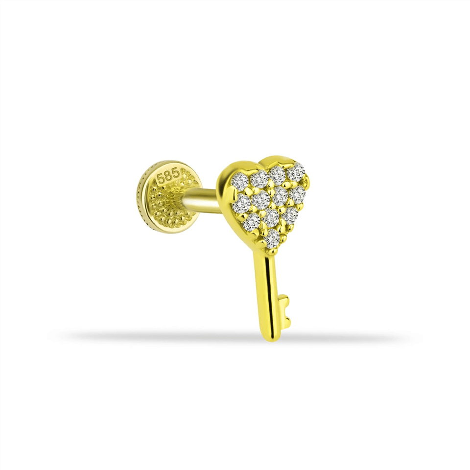 14 Ayar Altın Taşlı Kalbin Anahtarı Minimal Tragus Piercing - Dianora Piercing Jewelry