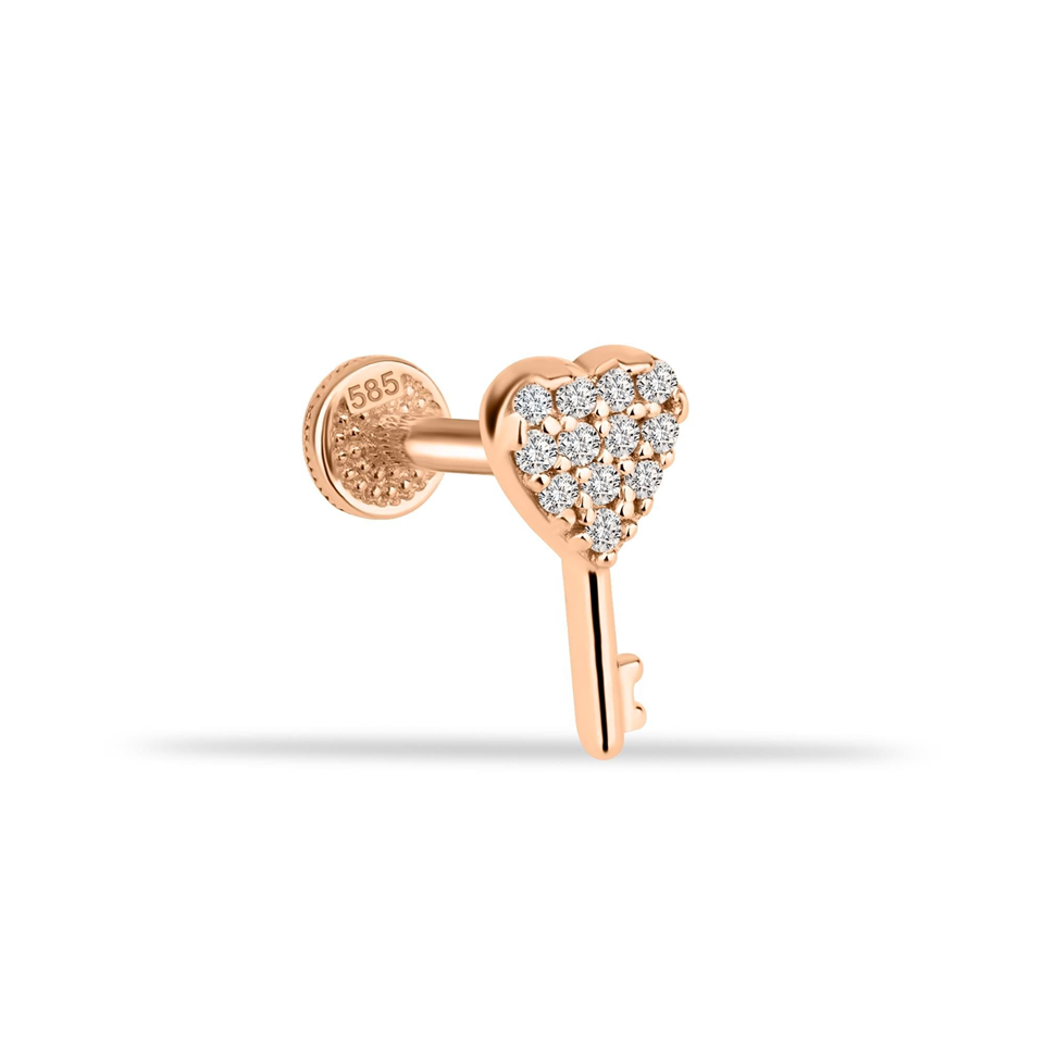 14 Ayar Altın Taşlı Kalbin Anahtarı Minimal Tragus Piercing - Dianora Piercing Jewelry