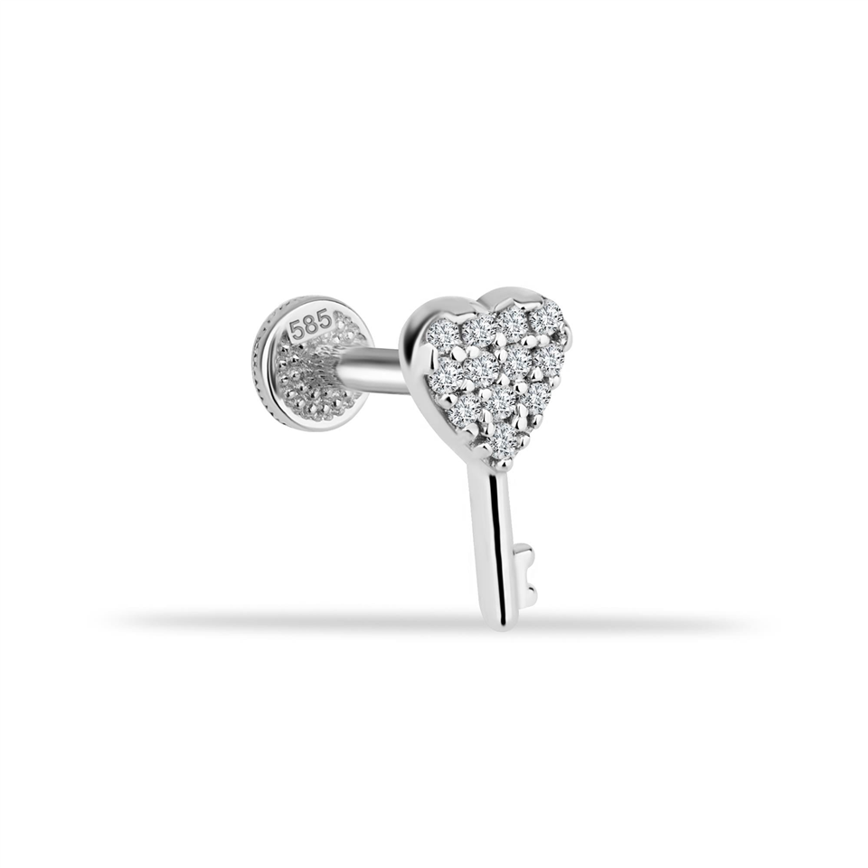 14 Ayar Altın Taşlı Kalbin Anahtarı Minimal Tragus Piercing - Dianora Piercing Jewelry
