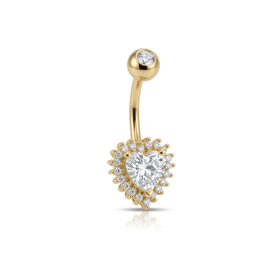 14 Ayar Altın Taşlı Kalp Gösterişli Göbek Piercing - Dianora Piercing Jewelry