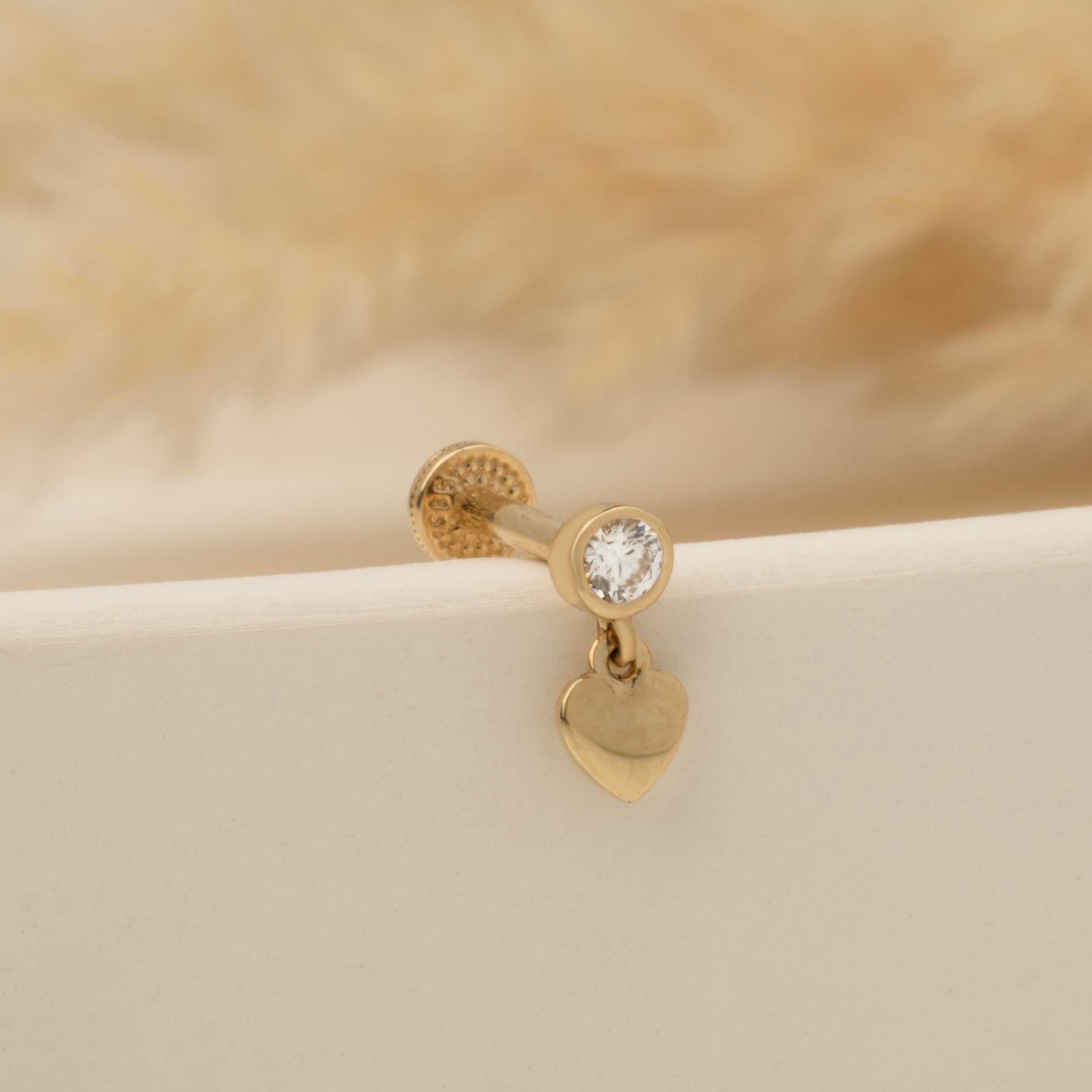 14 Ayar Altın Taşlı Kalp Sallantılı Minimal Tragus Piercing - Dianora Piercing