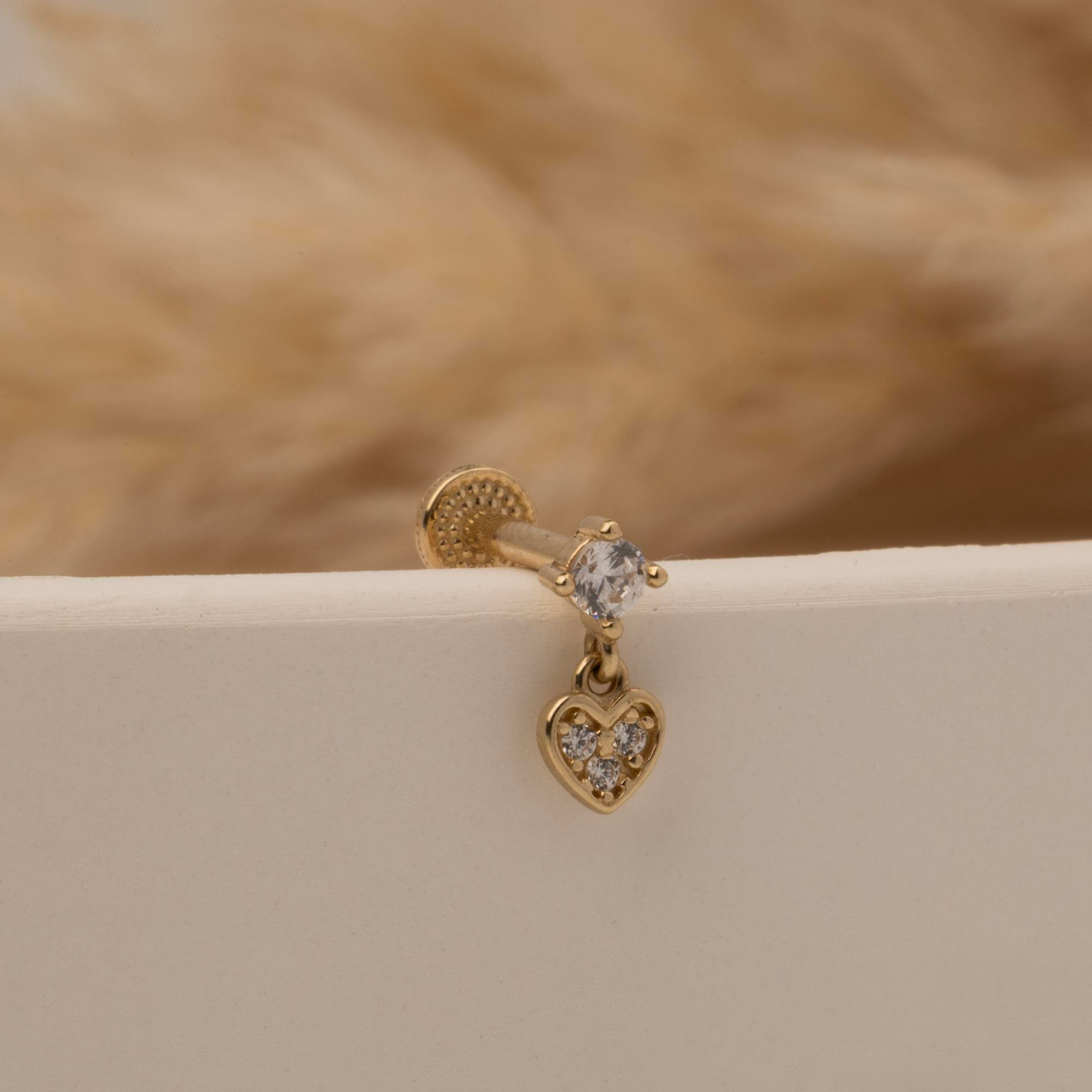 14 Ayar Altın Taşlı Kalp Sallantılı Minimal Tragus Piercing - Dianora Piercing