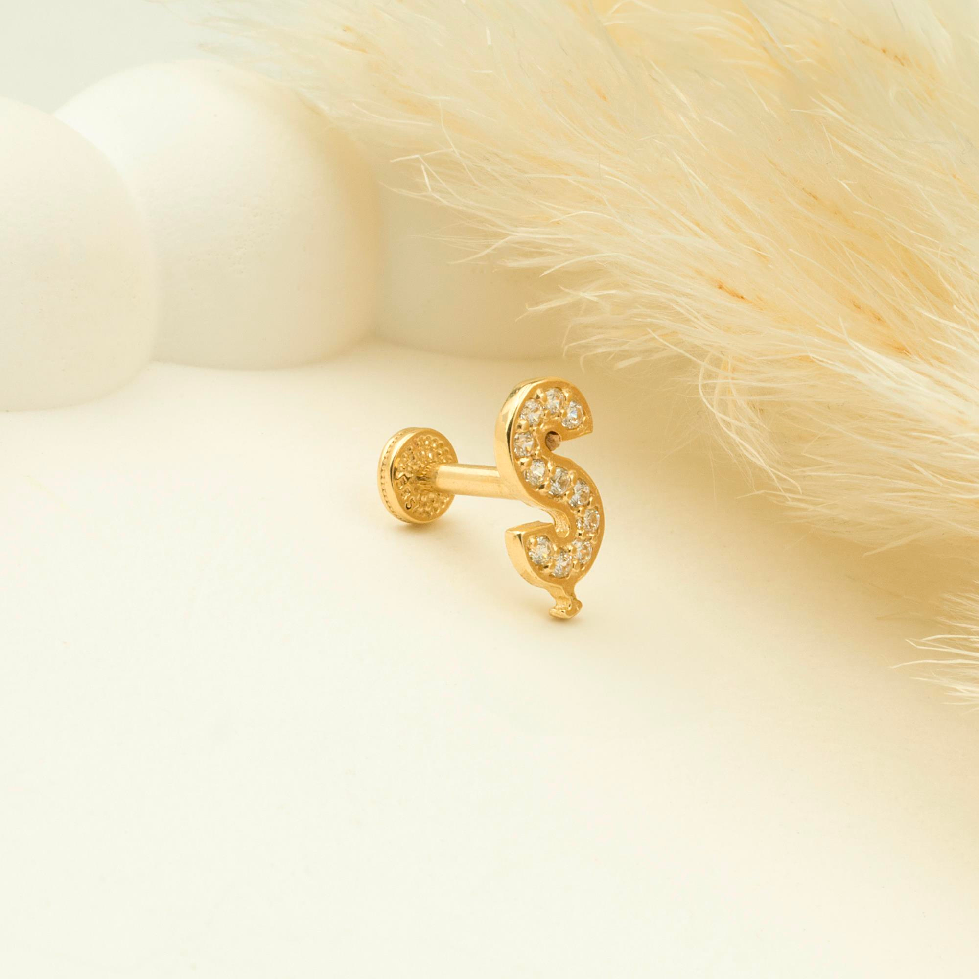 14 Ayar Altın Taşlı Kalp Sallantılı Minimal Tragus Piercing - Dianora Piercing
