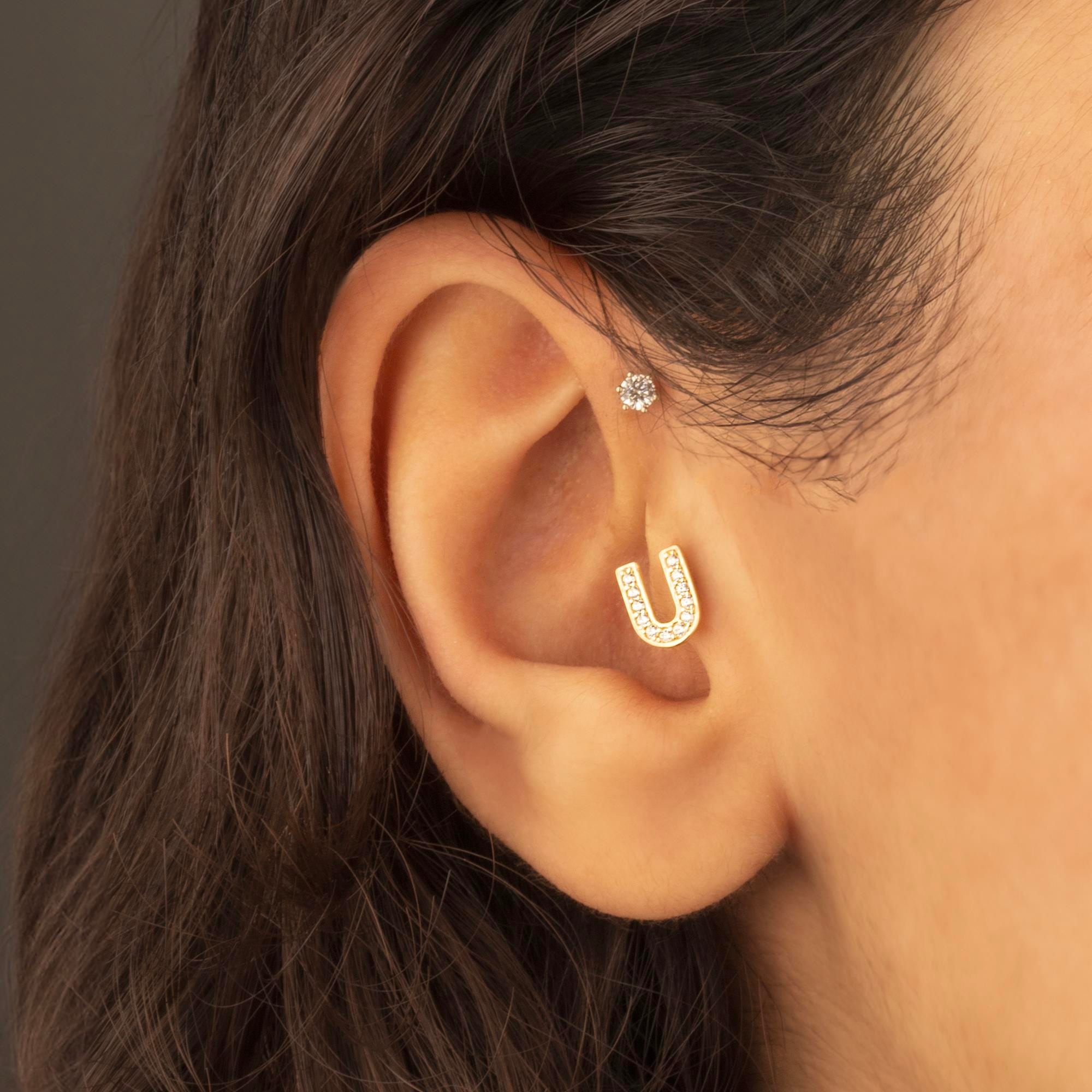 14 Ayar Altın Taşlı Kalp Sallantılı Minimal Tragus Piercing - Dianora Piercing