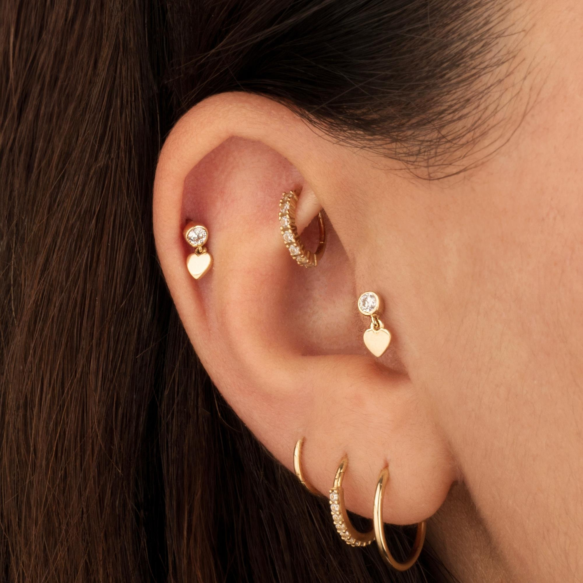 14 Ayar Altın Taşlı Kalp Sallantılı Minimal Tragus Piercing - Dianora Piercing