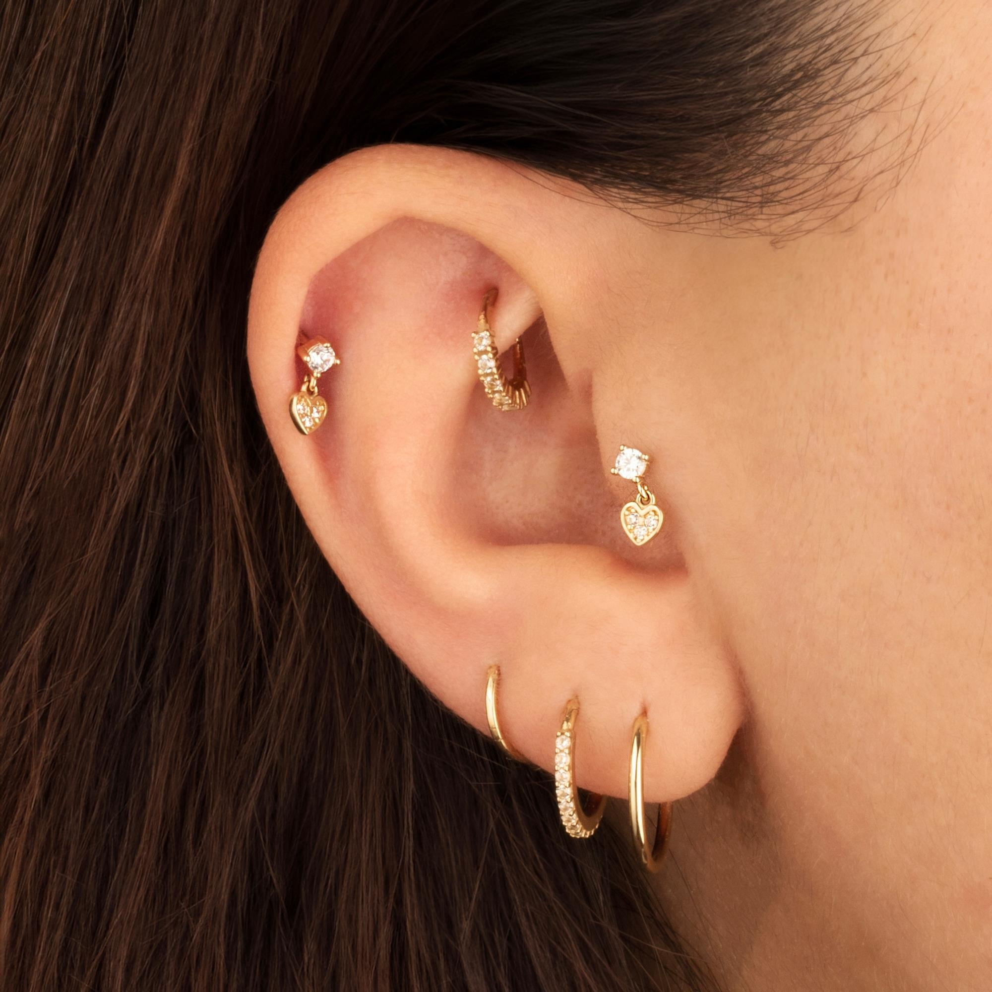 14 Ayar Altın Taşlı Kalp Sallantılı Minimal Tragus Piercing - Dianora Piercing
