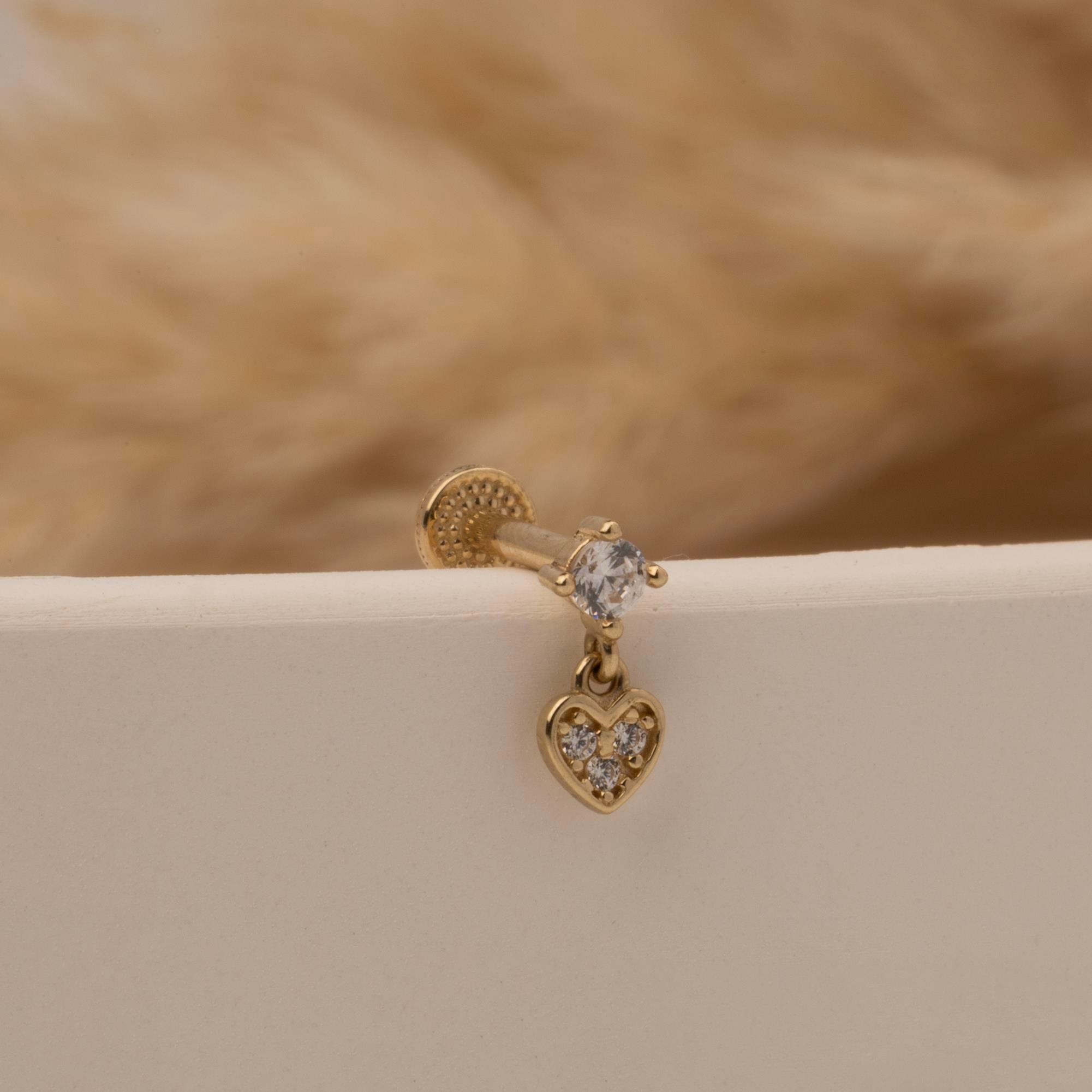 14 Ayar Altın Taşlı Kalp Sallantılı Minimal Tragus Piercing - Dianora Piercing