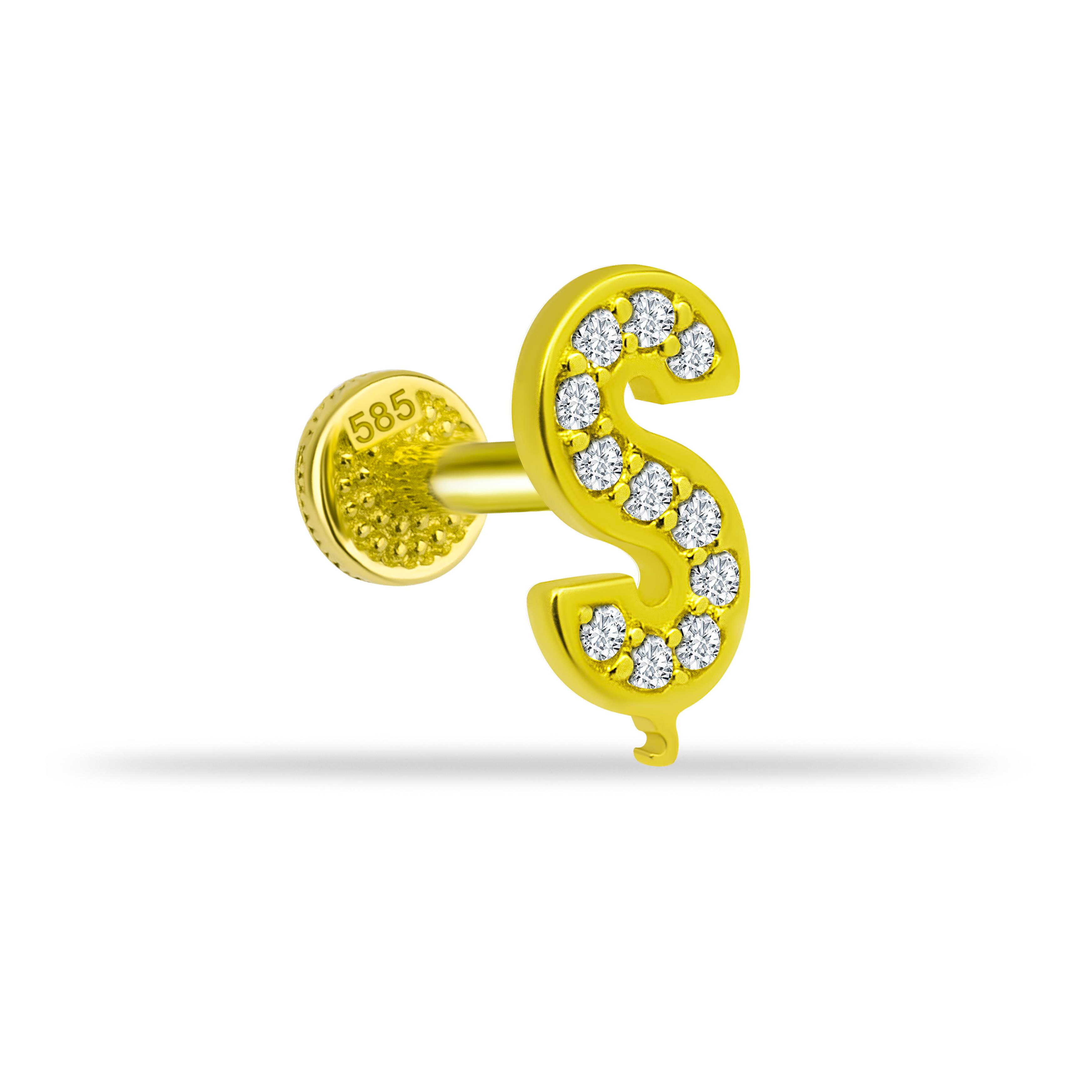 14 Ayar Altın Taşlı Kalp Sallantılı Minimal Tragus Piercing - Dianora Piercing