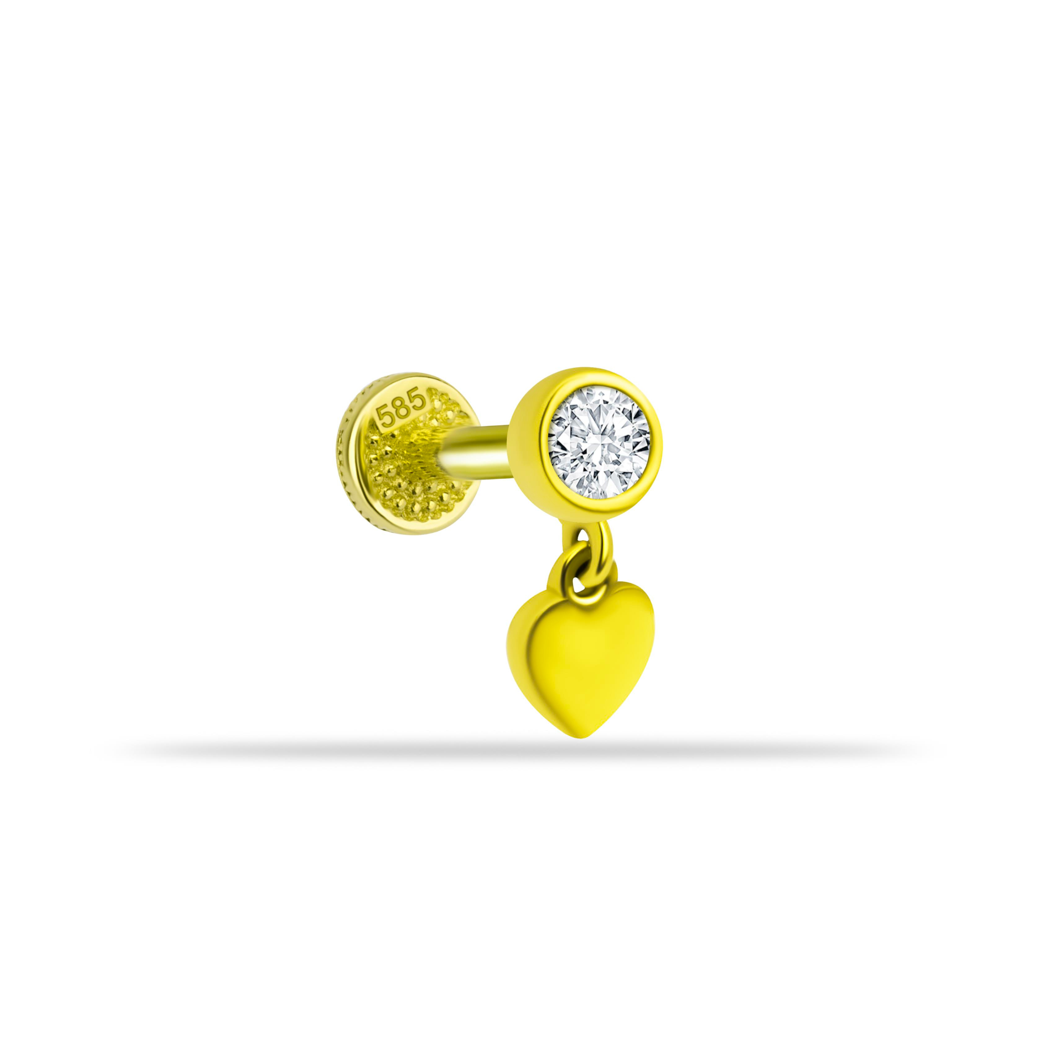 14 Ayar Altın Taşlı Kalp Sallantılı Minimal Tragus Piercing - Dianora Piercing