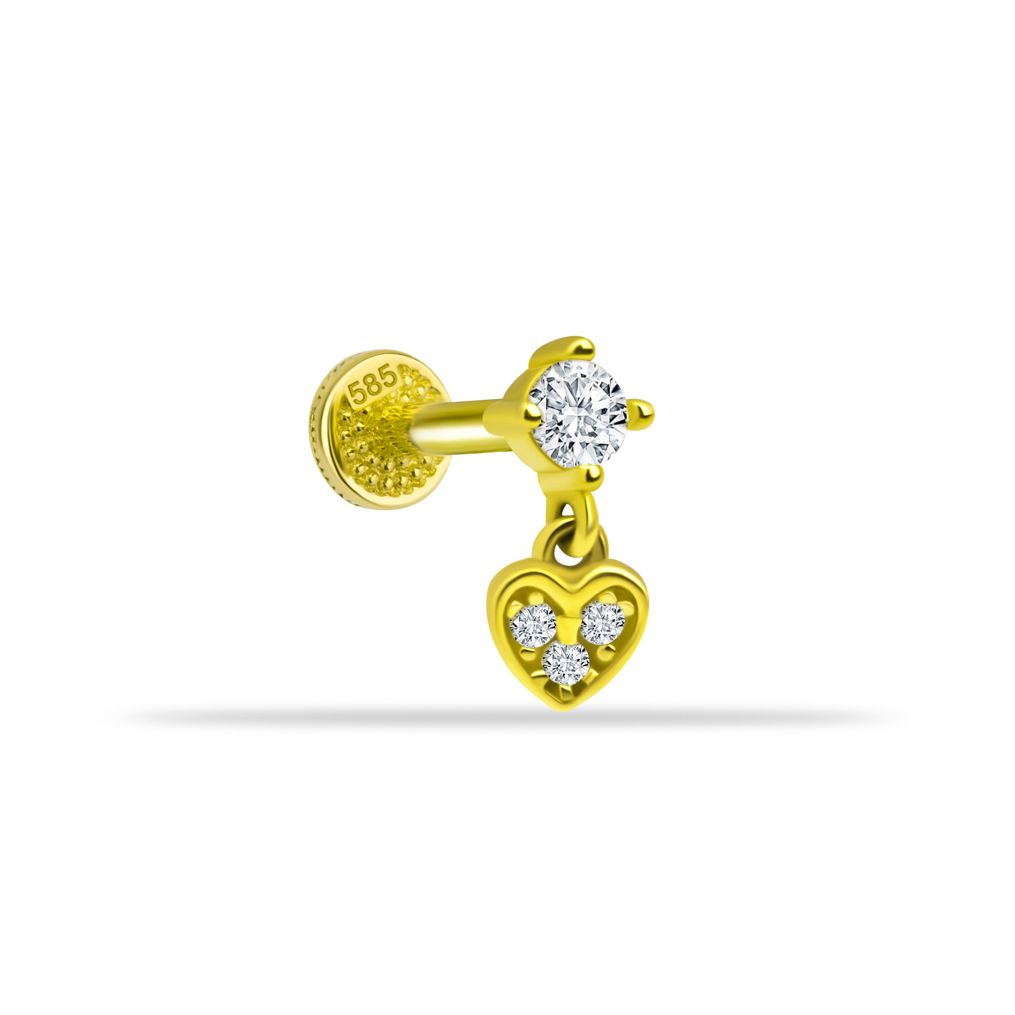 14 Ayar Altın Taşlı Kalp Sallantılı Minimal Tragus Piercing - Dianora Piercing