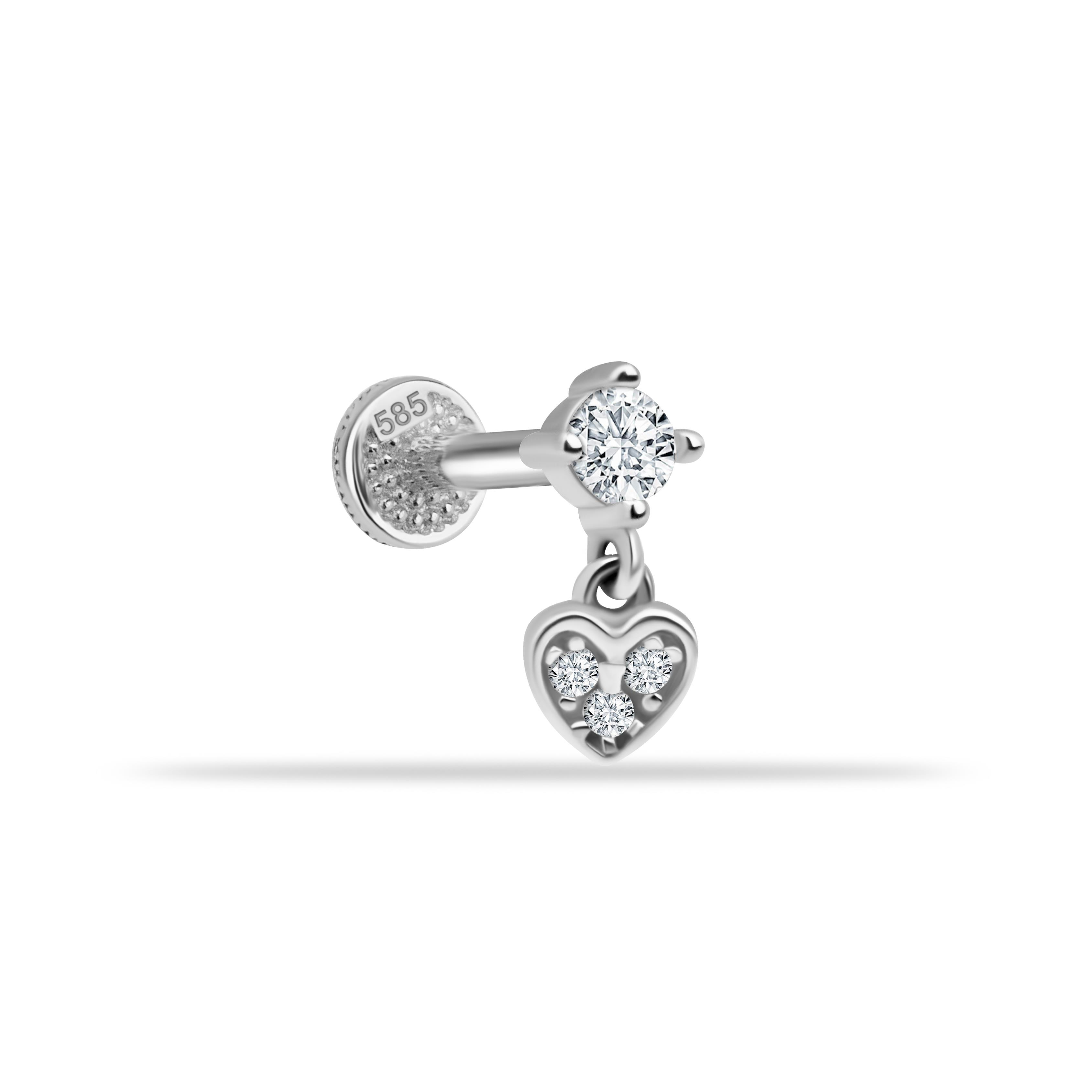 14 Ayar Altın Taşlı Kalp Sallantılı Minimal Tragus Piercing - Dianora Piercing