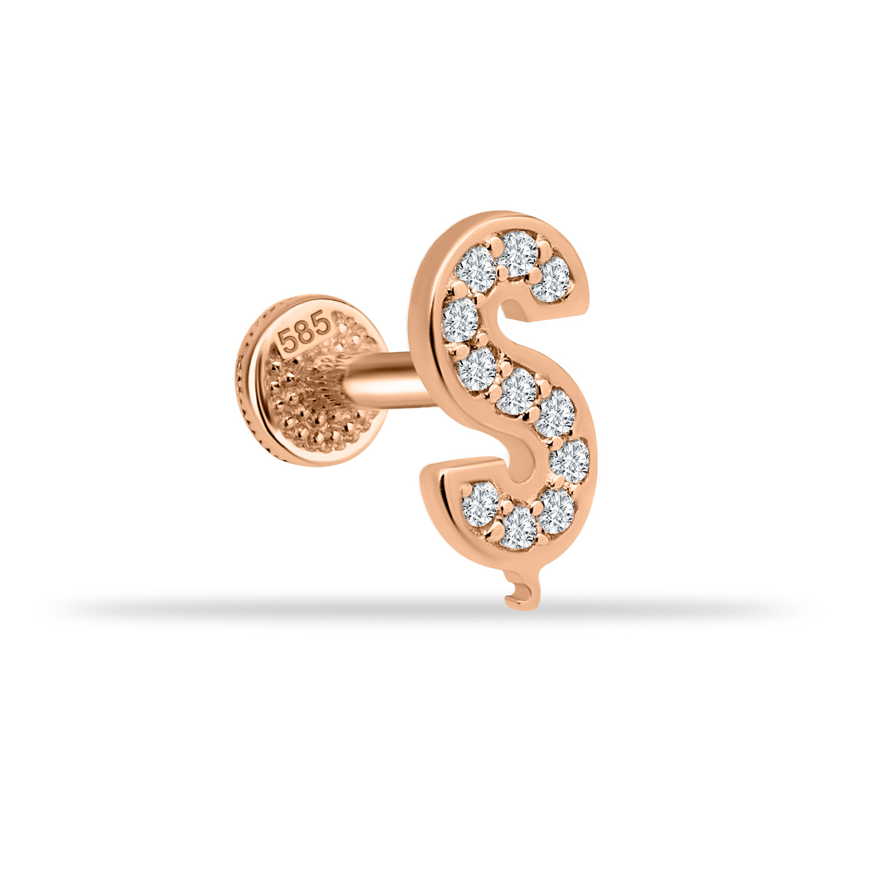 14 Ayar Altın Taşlı Kalp Sallantılı Minimal Tragus Piercing - Dianora Piercing