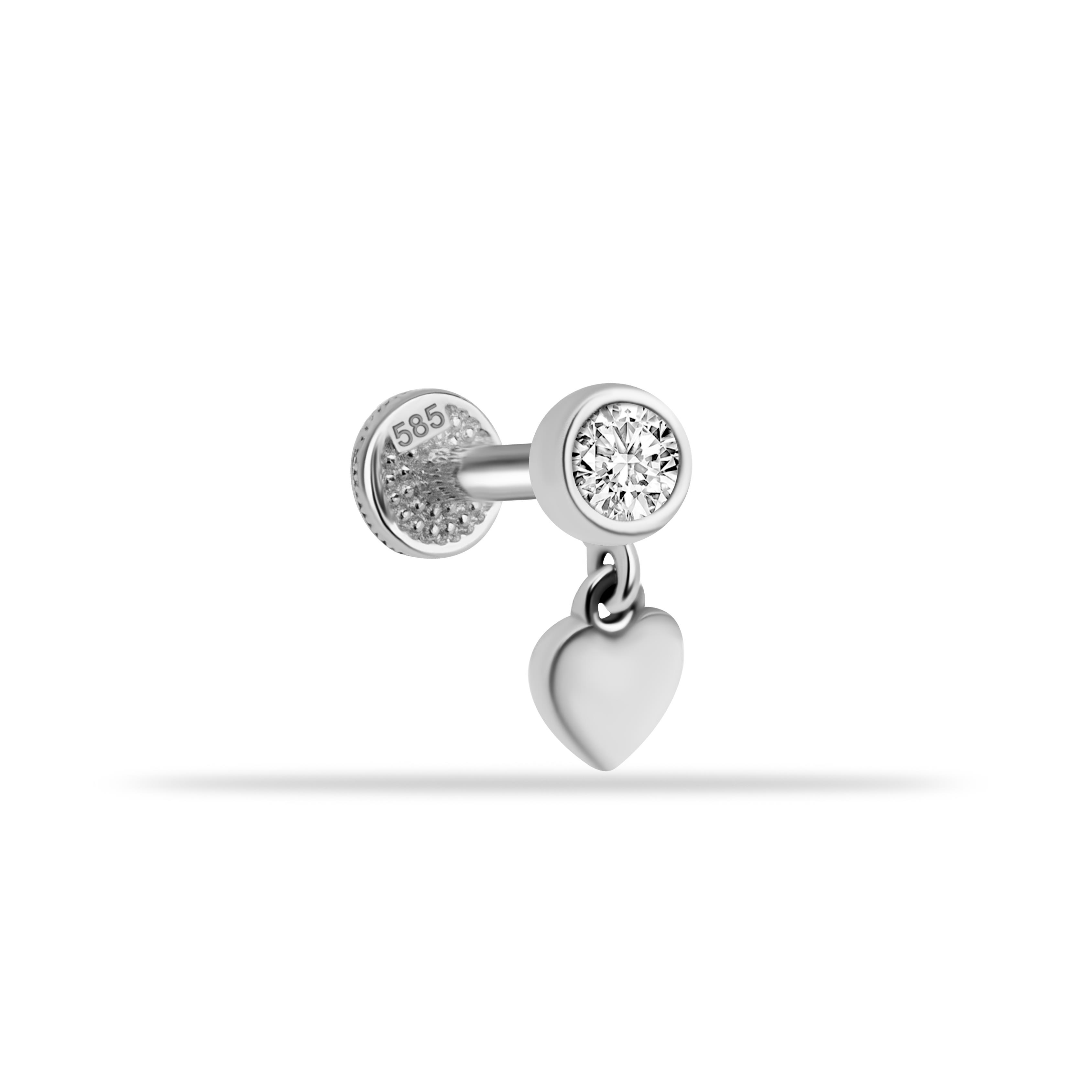 14 Ayar Altın Taşlı Kalp Sallantılı Minimal Tragus Piercing - Dianora Piercing