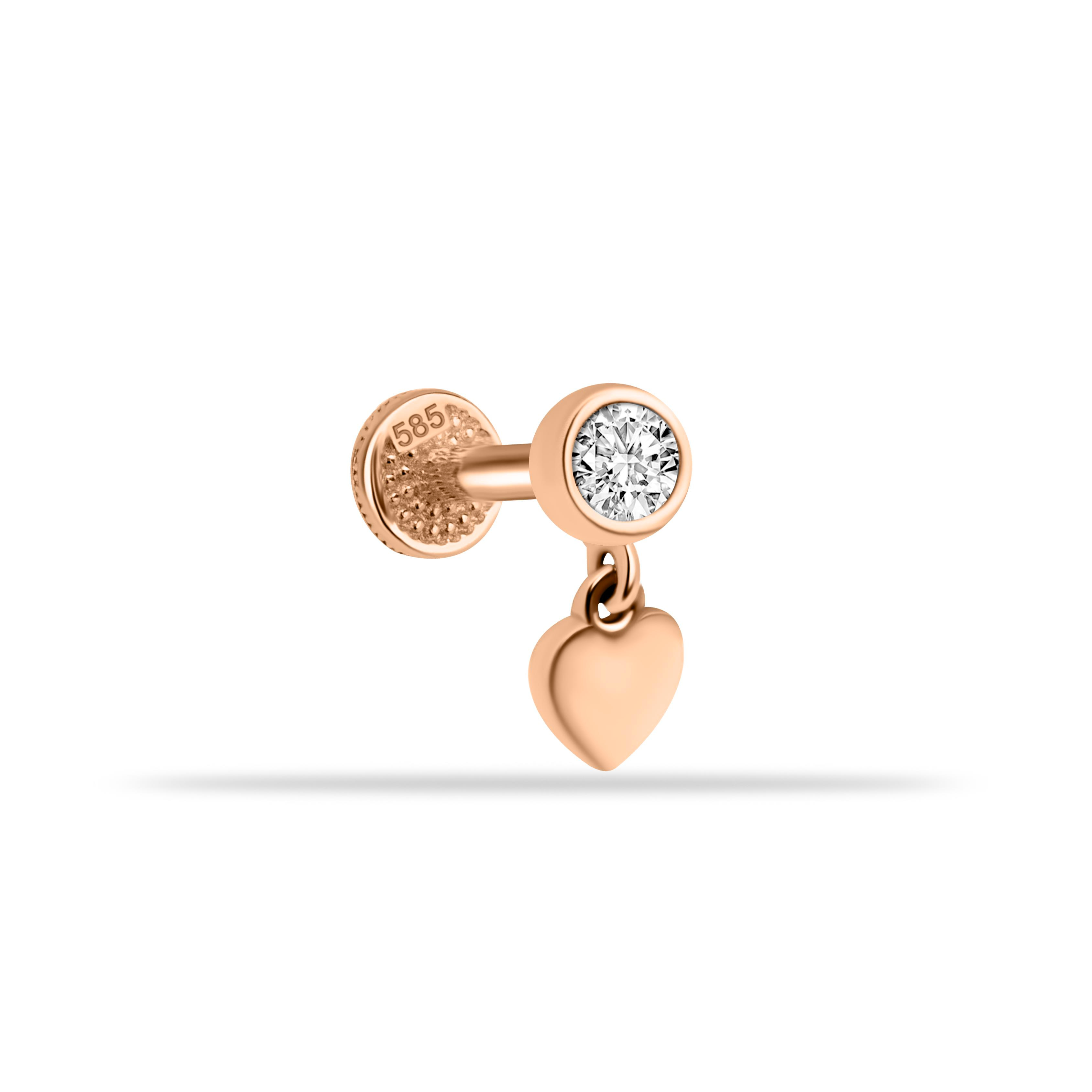 14 Ayar Altın Taşlı Kalp Sallantılı Minimal Tragus Piercing - Dianora Piercing