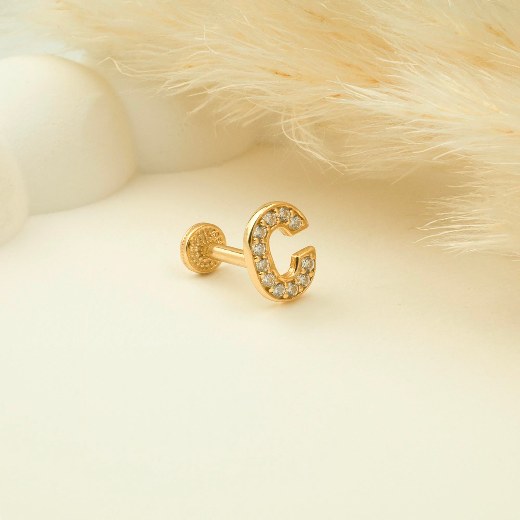 14 Ayar Altın Taşlı Kalp Sallantılı Minimal Tragus Piercing - Dianora Piercing