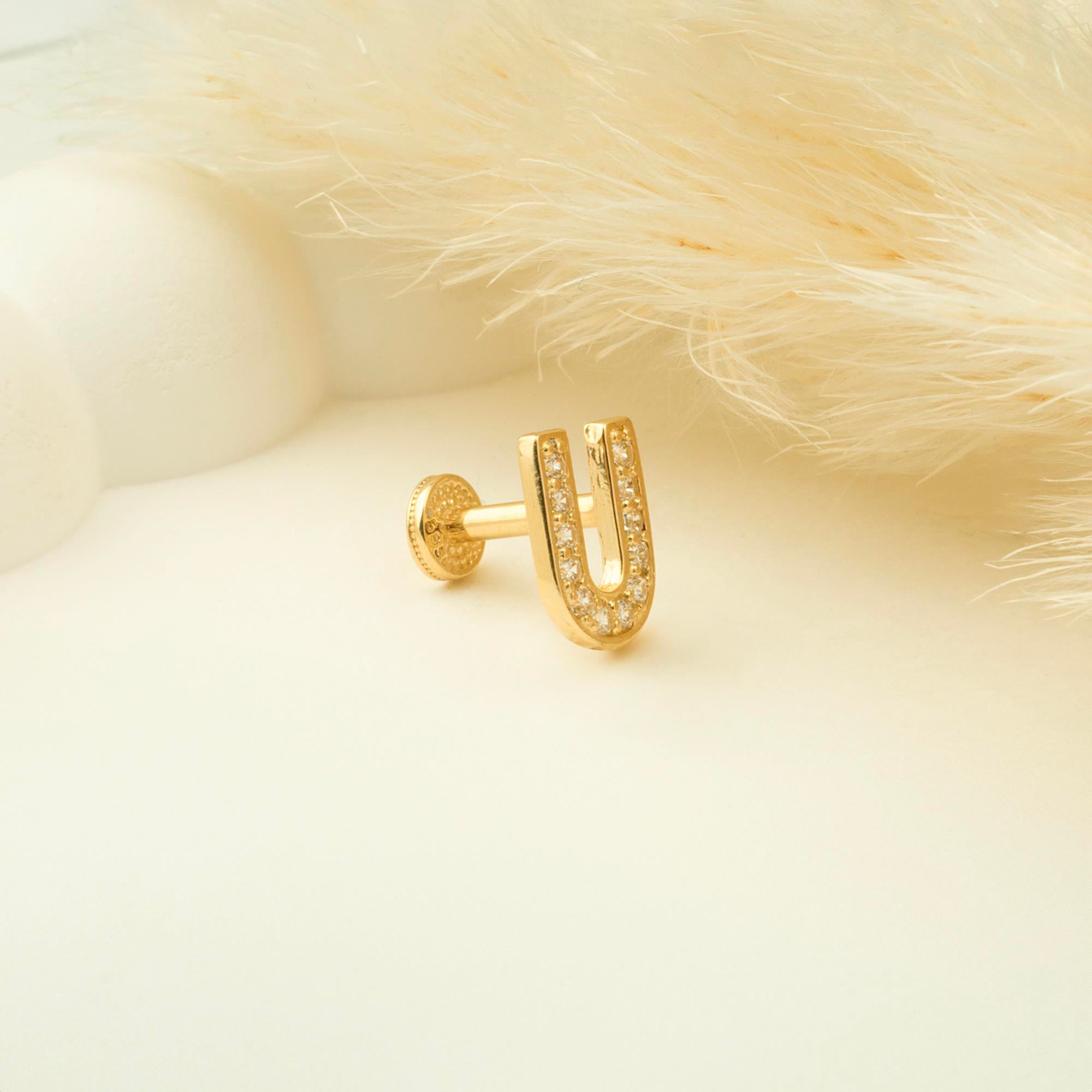 14 Ayar Altın Taşlı Kalp Sallantılı Minimal Tragus Piercing - Dianora Piercing