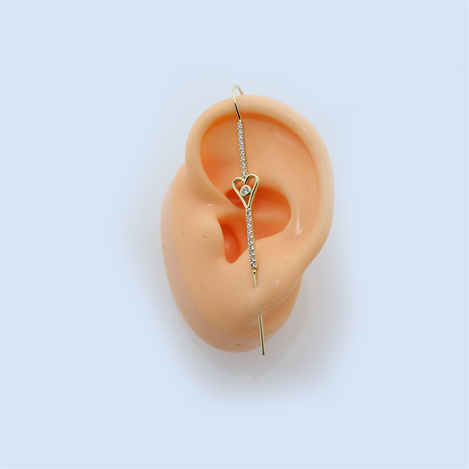14 Ayar Altın Taşlı Kalpli Hook/Baston Küpe - Dianora Piercing