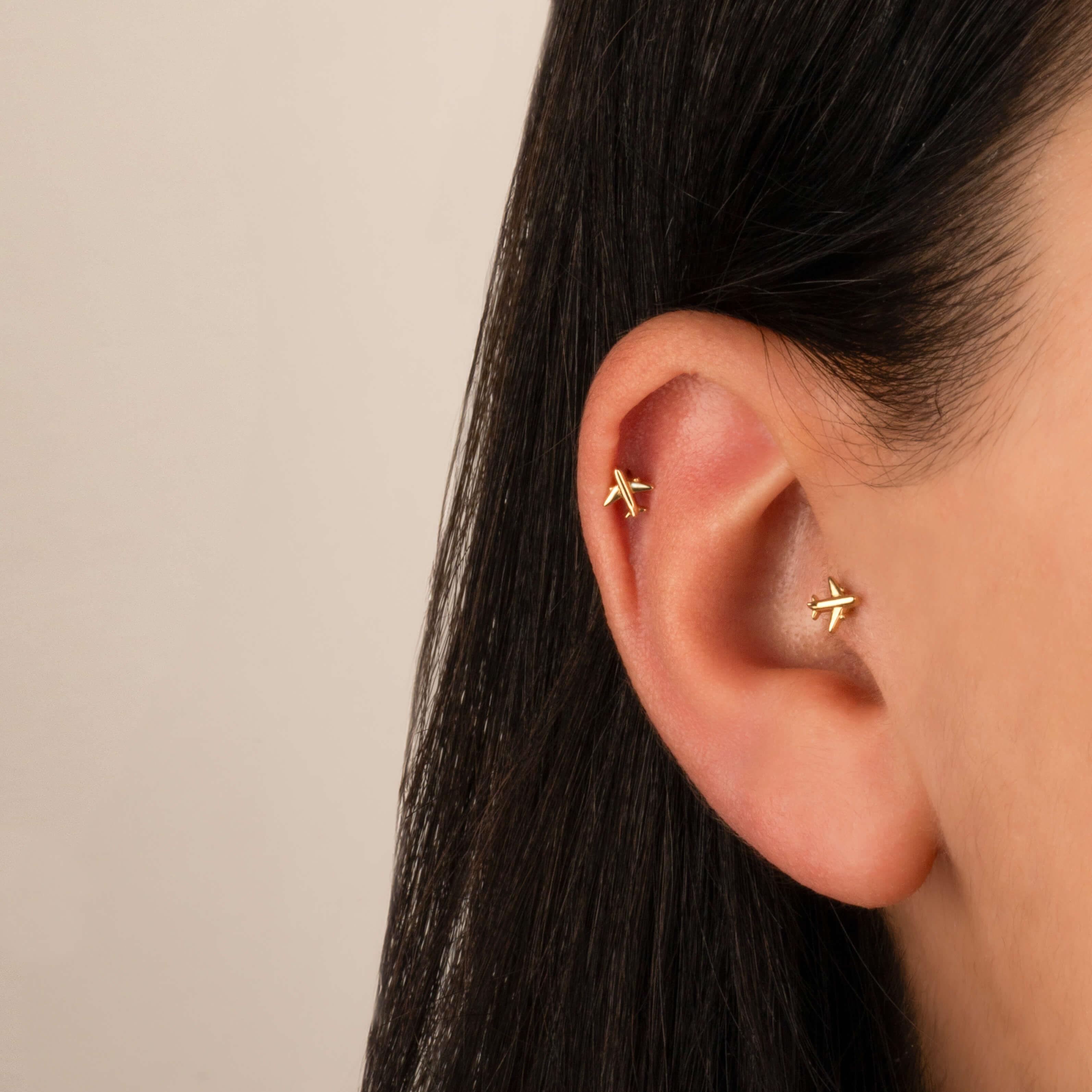 14 Ayar Altın Taşlı Kalpli Yıldız Sallantılı Minimal Tragus Piercing - Dianora Piercing