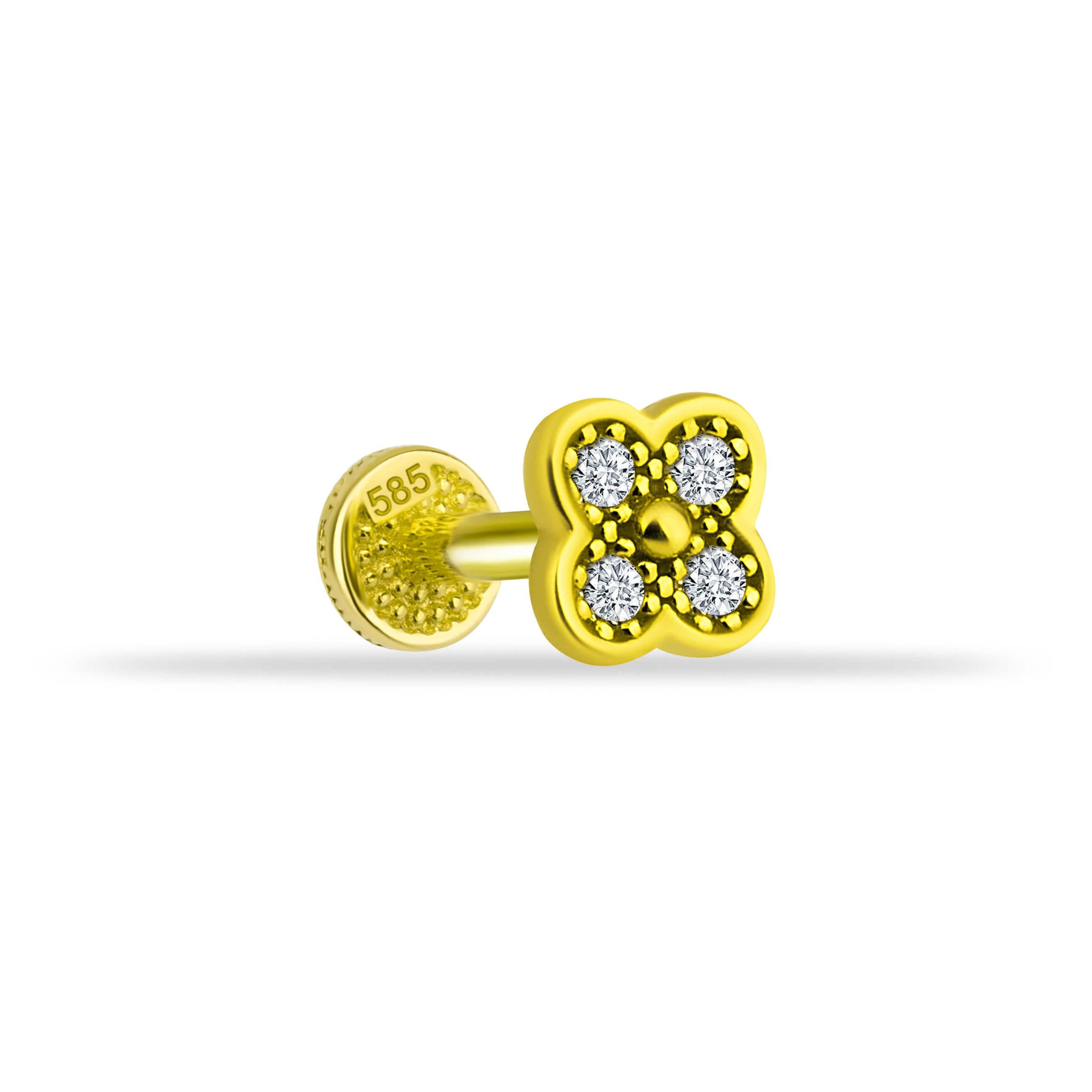 14 Ayar Altın Taşlı Kalpli Yıldız Sallantılı Minimal Tragus Piercing - Dianora Piercing