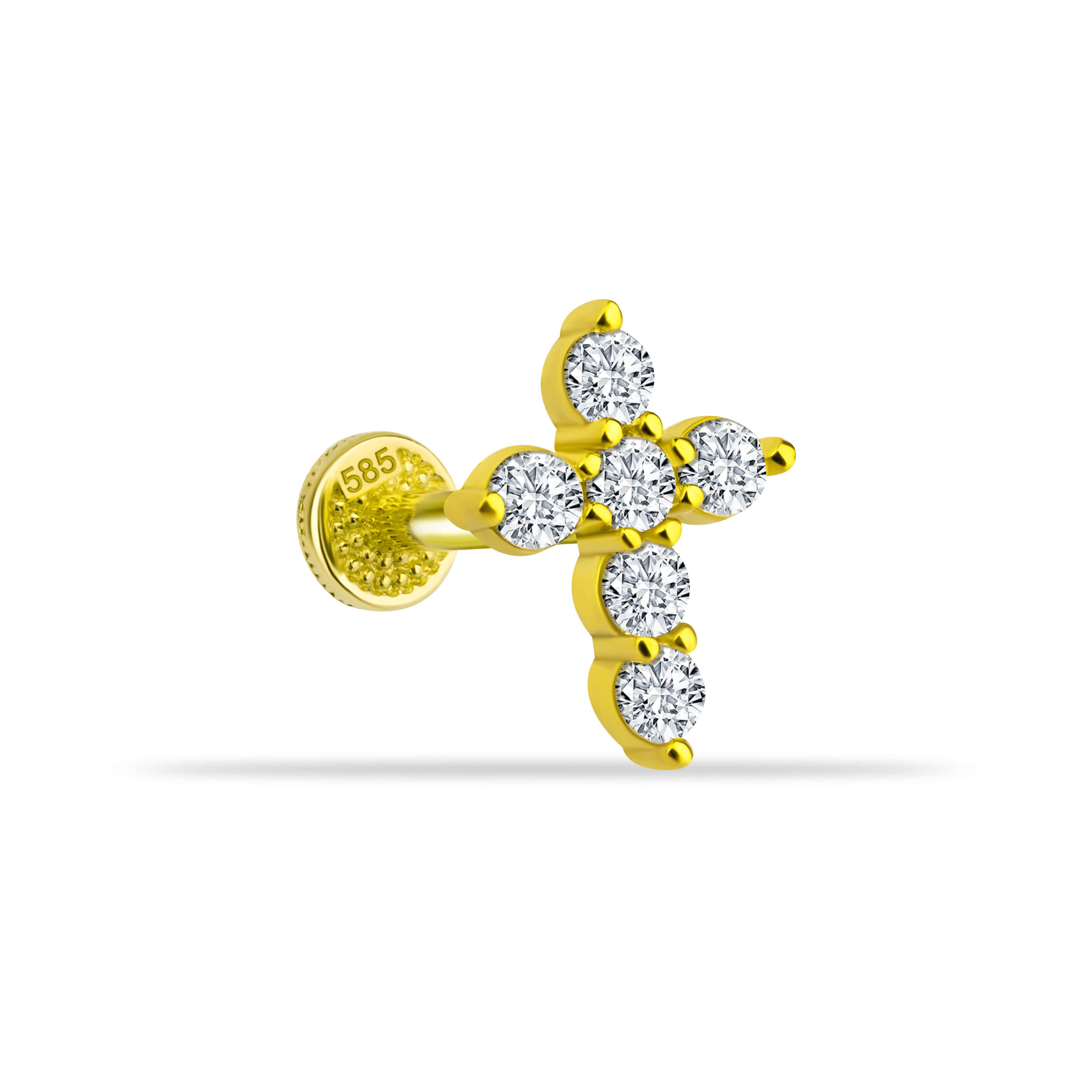 14 Ayar Altın Taşlı Kalpli Yıldız Sallantılı Minimal Tragus Piercing - Dianora Piercing