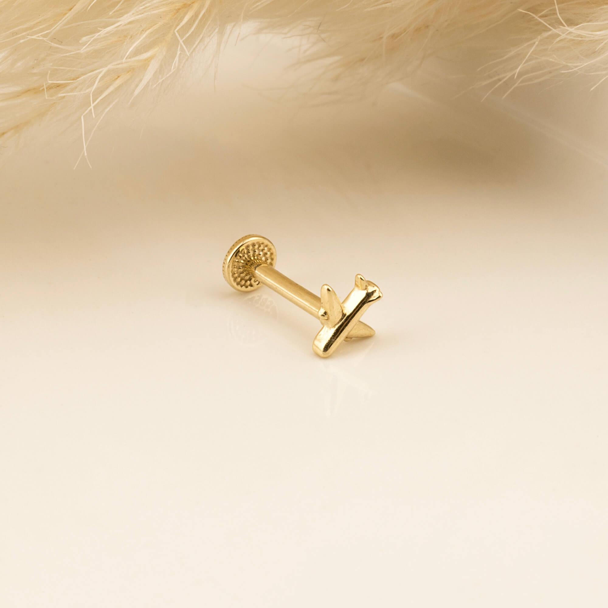 14 Ayar Altın Taşlı Kalpli Yıldız Sallantılı Minimal Tragus Piercing - Dianora Piercing