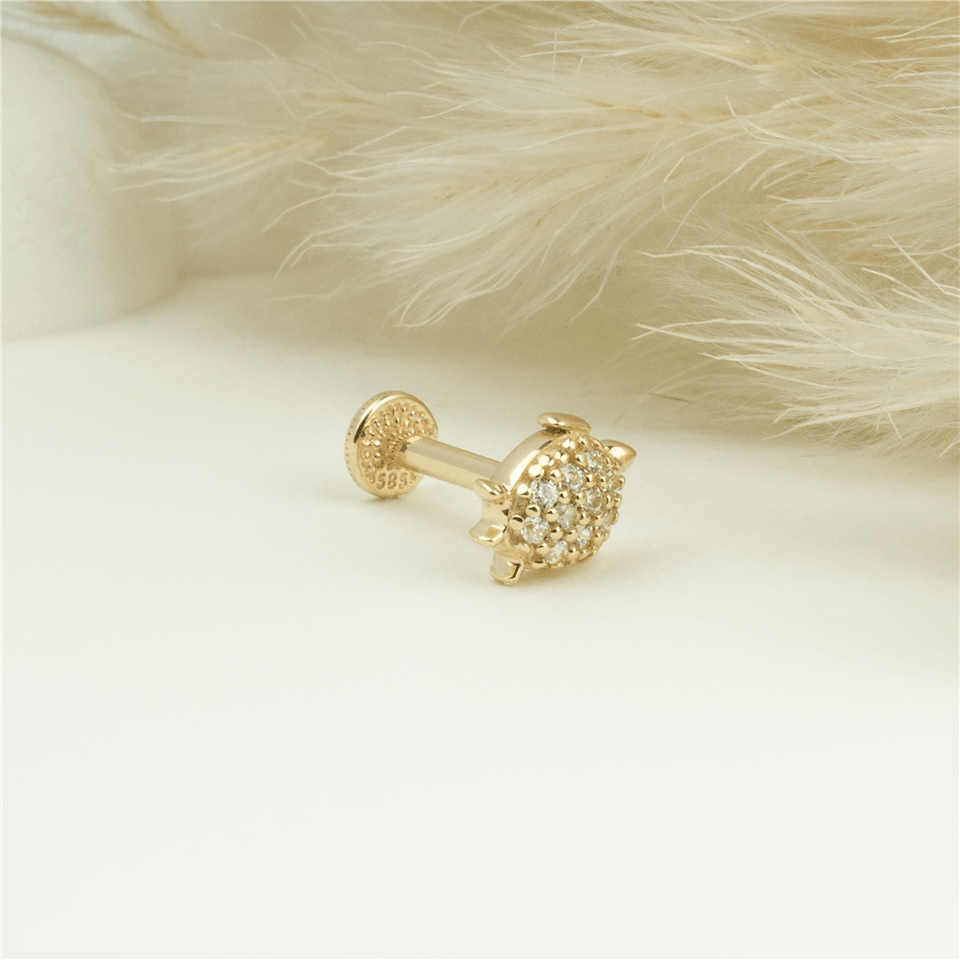 14 Ayar Altın Taşlı Kaplumbağa Motifli Minimal Tragus Piercing - Dianora Piercing Jewelry