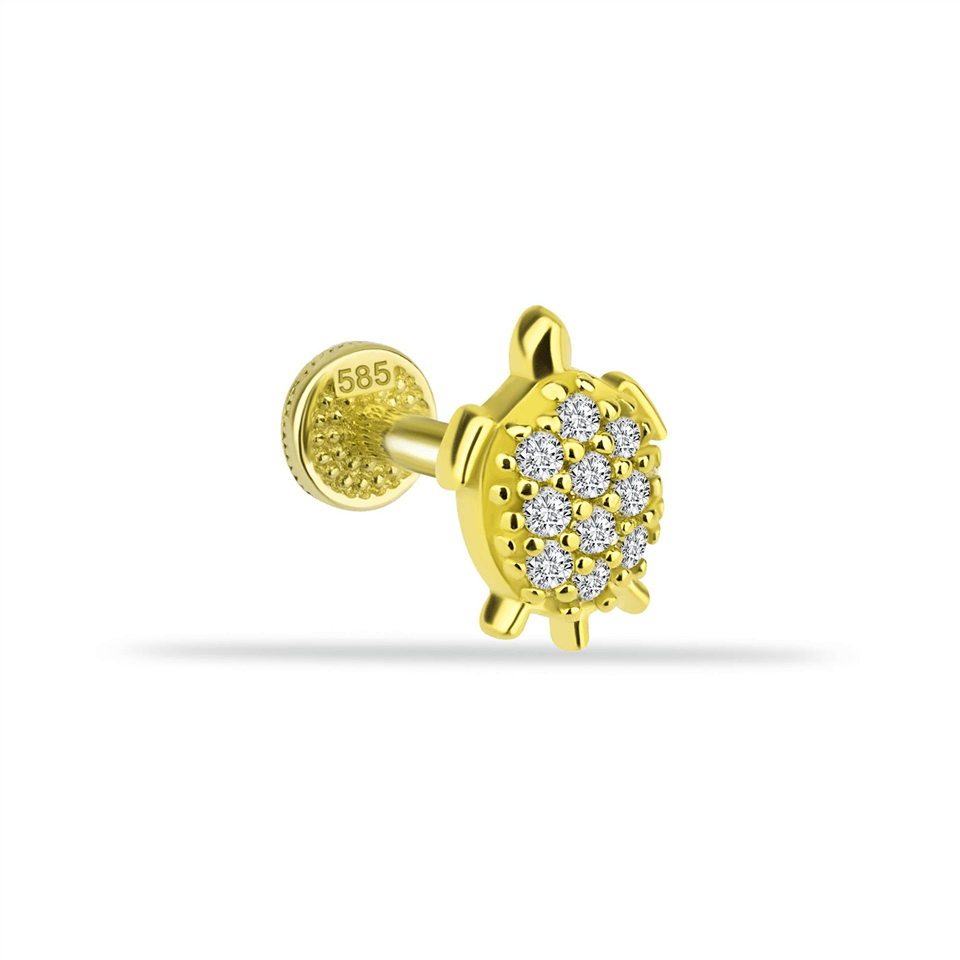 14 Ayar Altın Taşlı Kaplumbağa Motifli Minimal Tragus Piercing - Dianora Piercing Jewelry