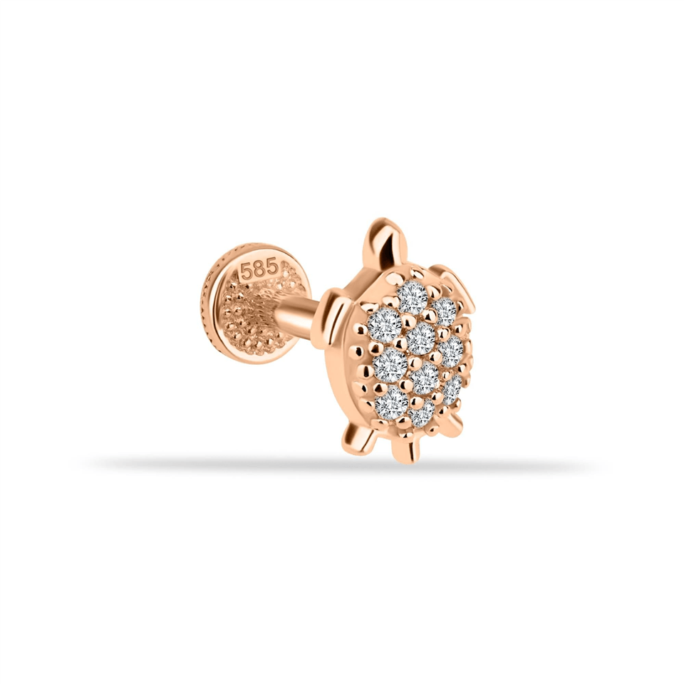 14 Ayar Altın Taşlı Kaplumbağa Motifli Minimal Tragus Piercing - Dianora Piercing Jewelry