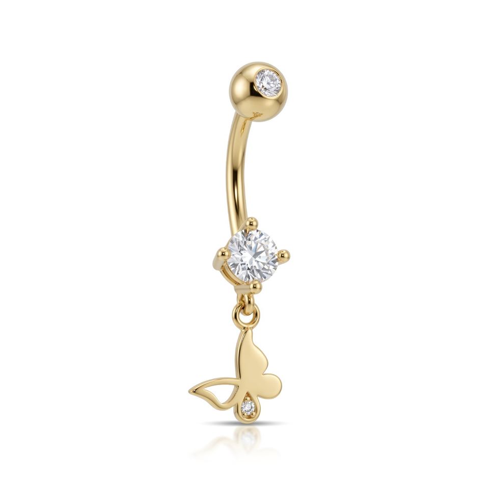 14 Ayar Altın Taşlı Kelebek Sallantılı Göbek Piercing - Dianora Piercing Jewelry