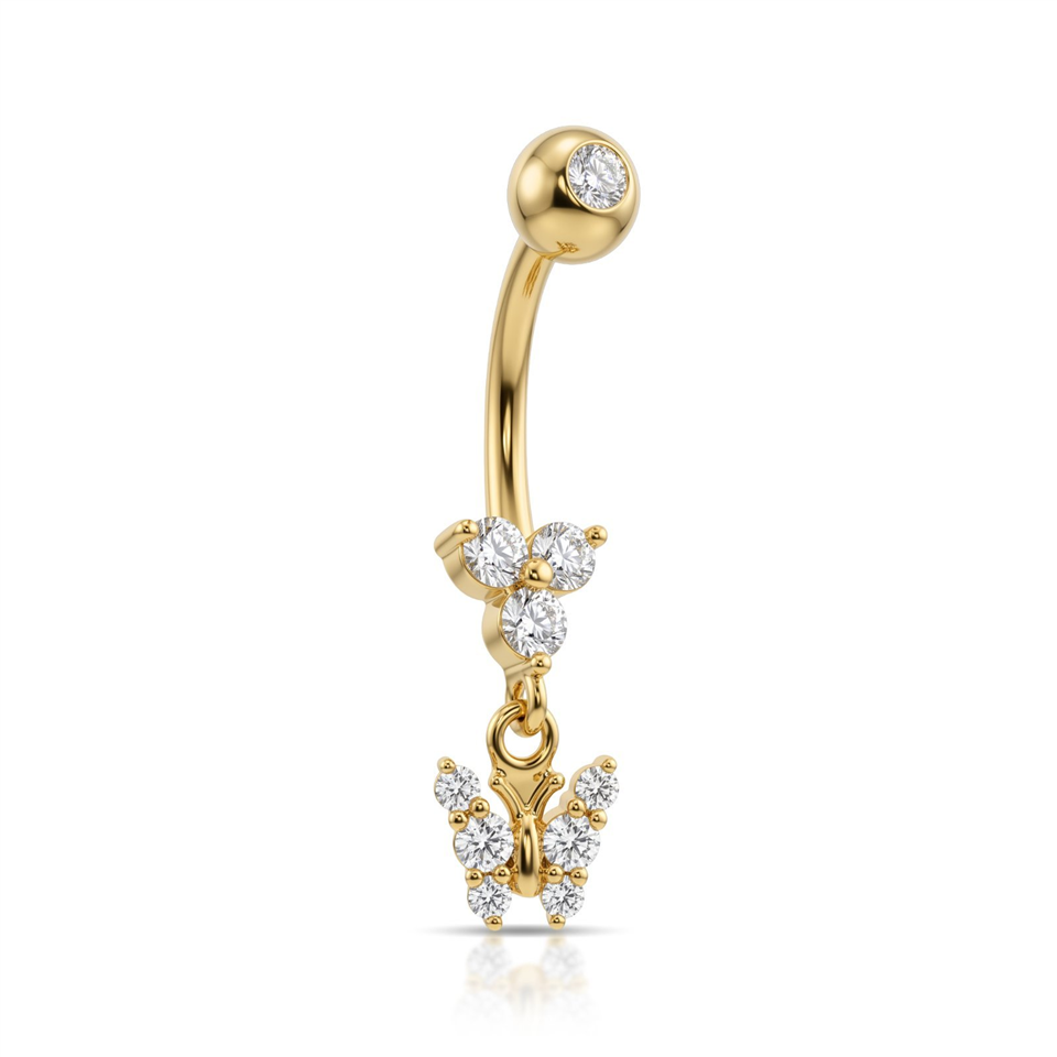 14 Ayar Altın Taşlı Kelebek Sallantılı Göbek Piercing - Dianora Piercing Jewelry